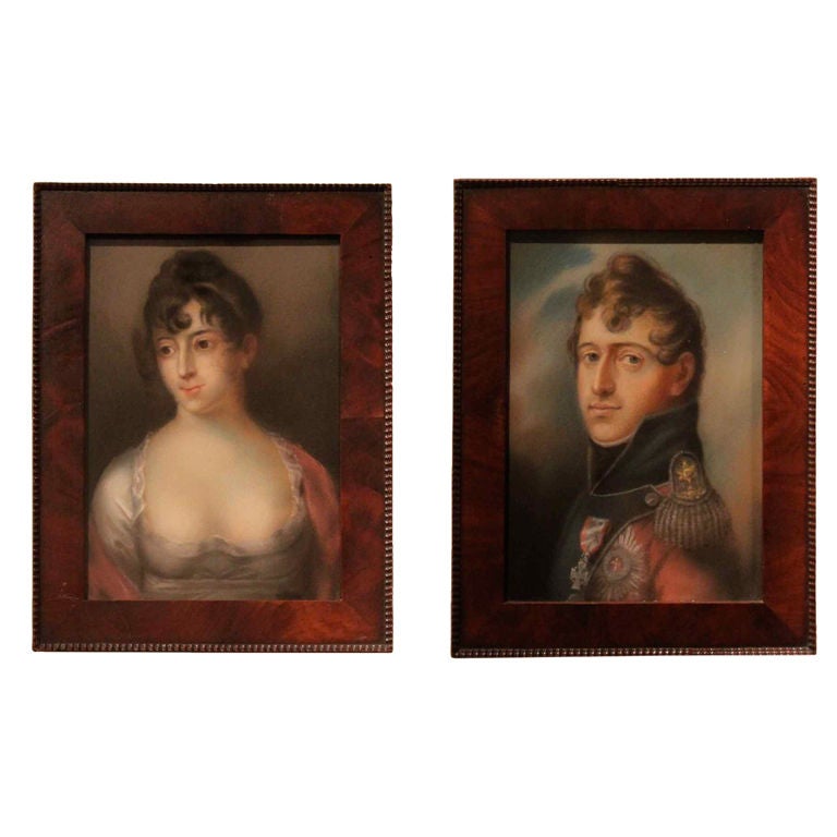 Paire de portraits danois du 19ème siècle, Danemark Cadre en acajou