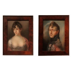 Antique Portraits Pair Danish 19th Century, Denmark Mahogany Frame