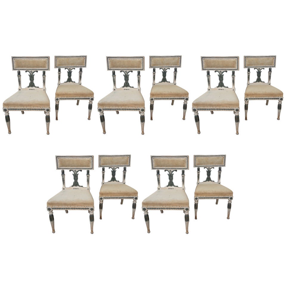 Dining Chairs Set of Ten Swedish Neoclassical. An unusual set of ten dining chairs made in Sweden during early 19th century period. Neoclassical carvings with faux oxidized copper paint. Contemporary upholstery. 