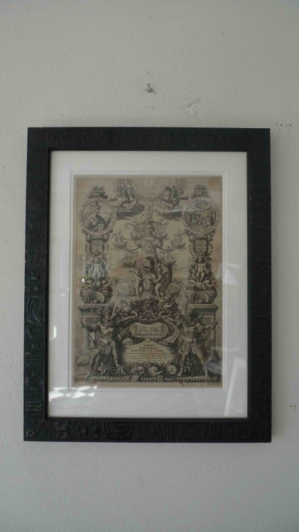 Print French 19th Century Black and White France. A copper print made during the 19th century in France Framed in a blackened wooden frame. 