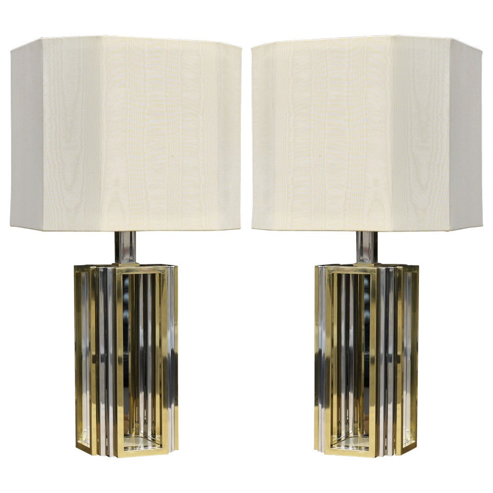 Pair of Chrome and Brass Lamps by Romeo Rega