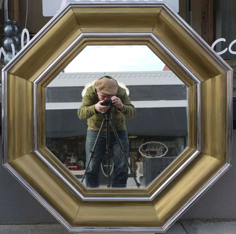 Stunning octagonal mirror in brass and chrome by Michel Pigneres circa 1968.  Came from a house filled with documented Pigneres furniture purchased by original owners.