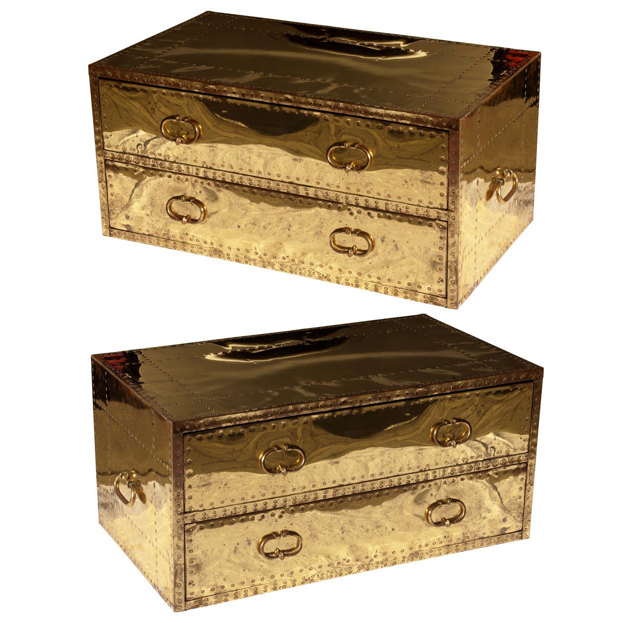 Pair of Studded Brass Low Chests by Sarreid Ltd.