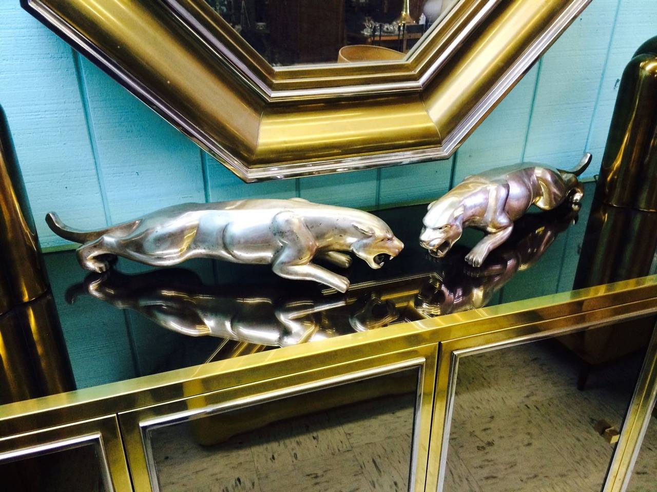 Art Deco Pair of French Deco Silvered Bronze Jaguars by Charles Valton