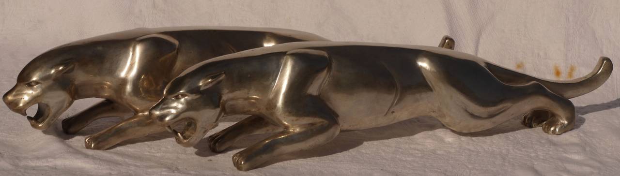 Early 20th Century Pair of French Deco Silvered Bronze Jaguars by Charles Valton