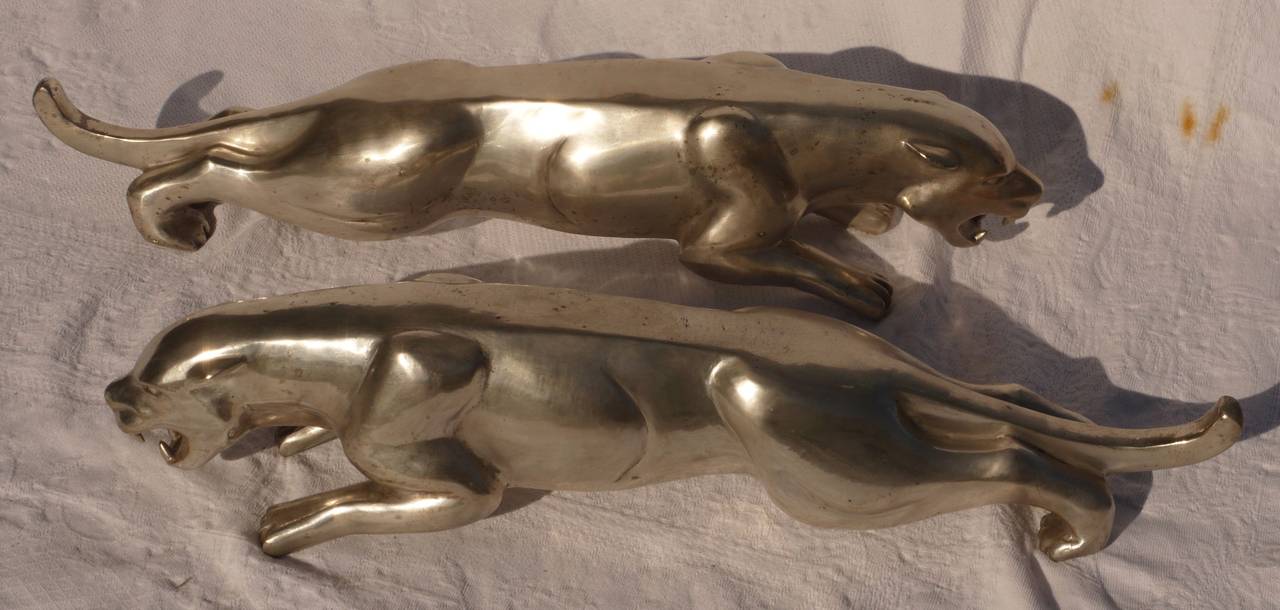 Pair of French Deco Silvered Bronze Jaguars by Charles Valton 2