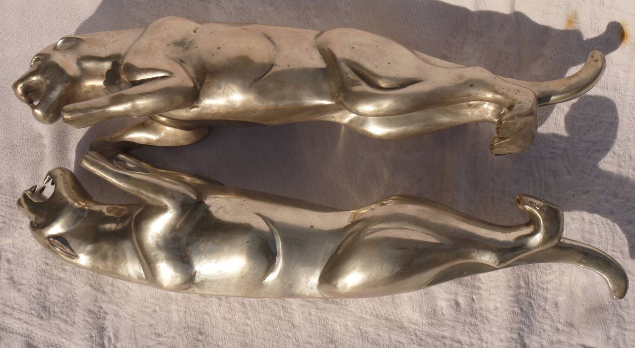 Pair of French Deco Silvered Bronze Jaguars by Charles Valton 4