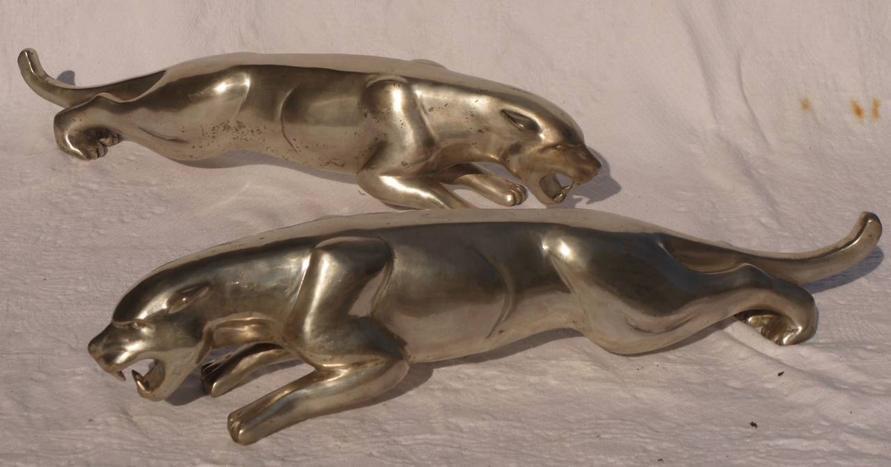 Pair of French Deco Silvered Bronze Jaguars by Charles Valton 5