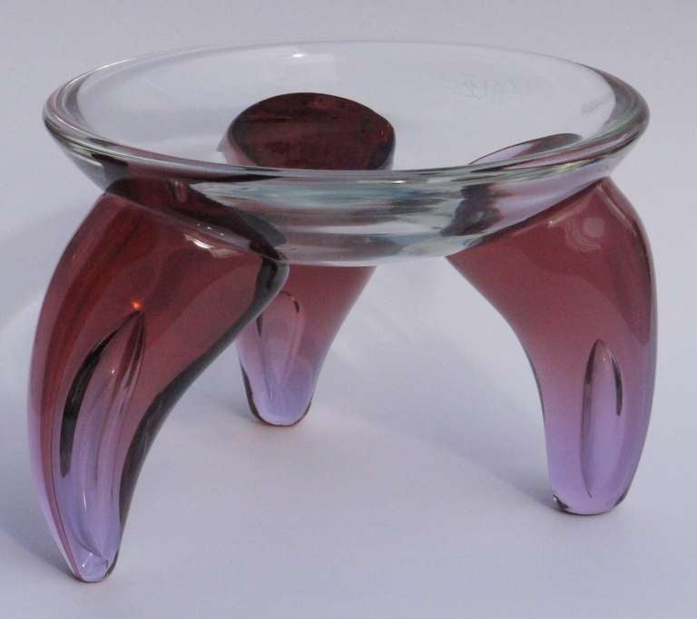 Sculptural glass bowl by the prominent Czech architect and designer Borek Sipek.  Wonderfully simple yet expressive form with three Anemone like legs which fade from a ruby to a pale pink at the base.