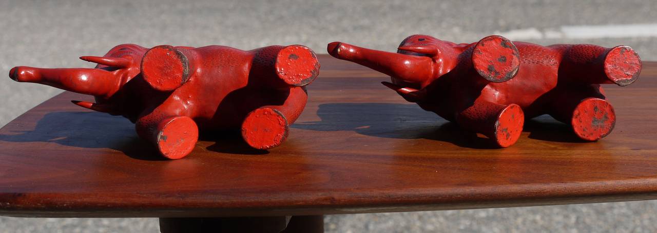 Pair of Chinese Cinnabar Lacquer over Copper Elephants 2