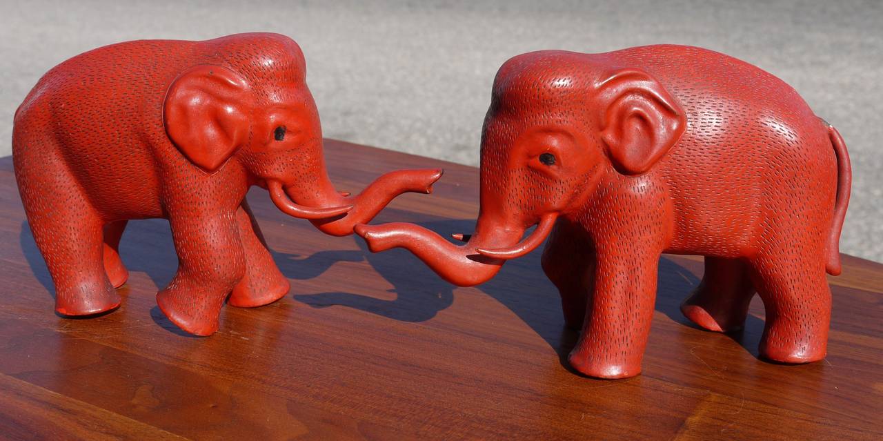 Pair of Chinese Cinnabar Lacquer over Copper Elephants 1