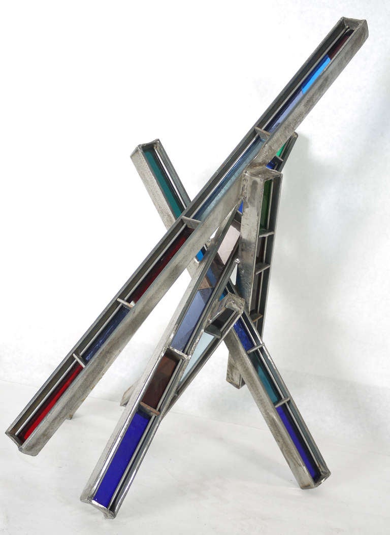 American Stained Glass and Steel Abstract Sculpture