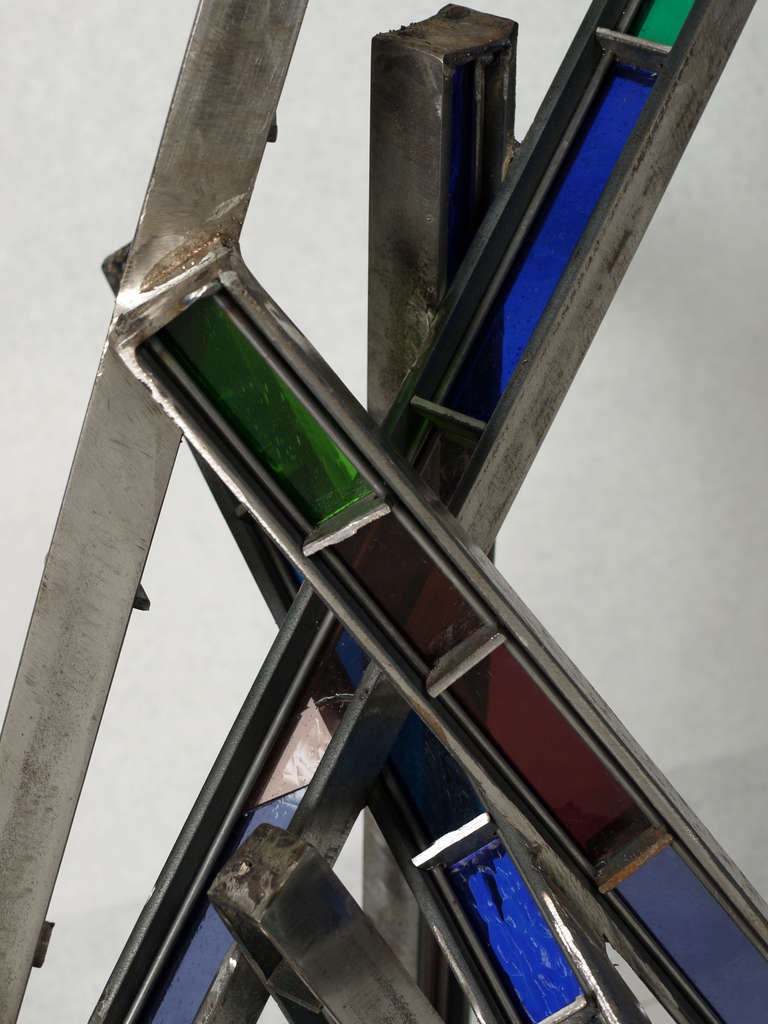 Welded Stained Glass and Steel Abstract Sculpture
