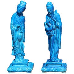 Pair of Turquoise Crackle Glaze Chinoiserie Figurines