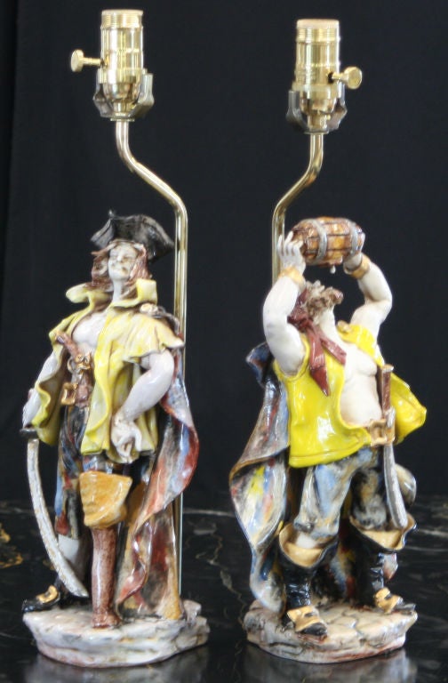 Pair of Italian Majolica Pirate Lamps
