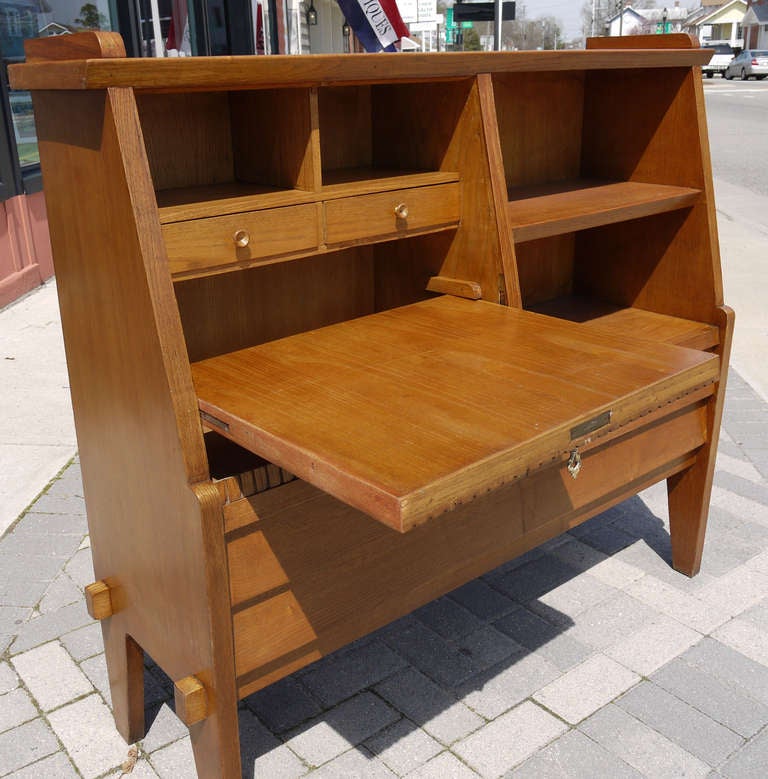 desk with bookshelf in front