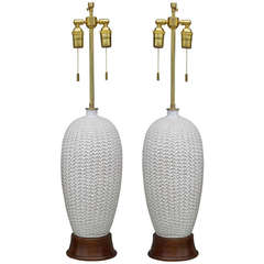 Pair Danish Studio Pottery Lamps with Incised Design