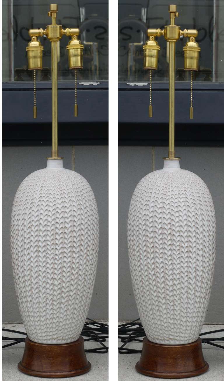 Pair Danish Studio Pottery Lamps with Incised Design