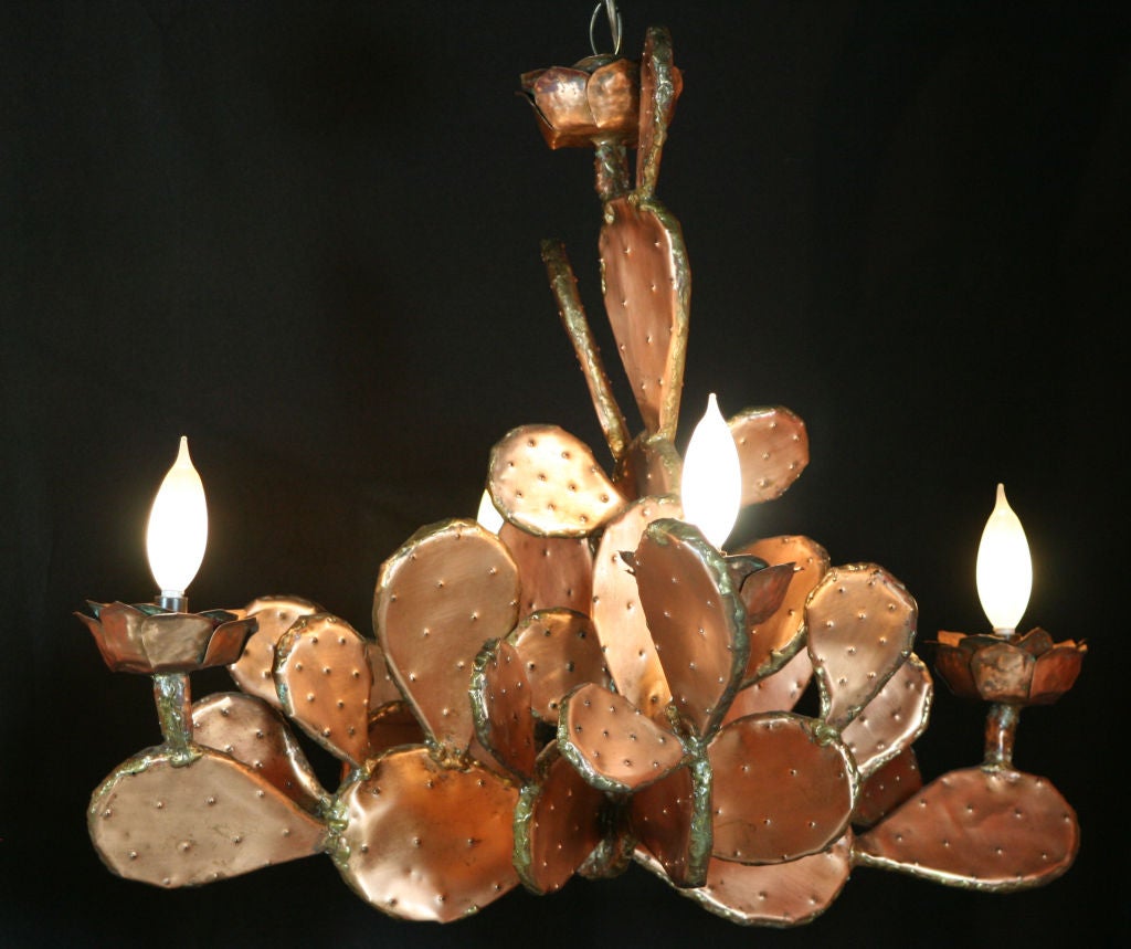 Awesome brutalist Prickly Pear Cactus form chandelier by The Feldman Company of Los Angeles.  Constructed from hand formed sheet copper and brazed together with brass welds.