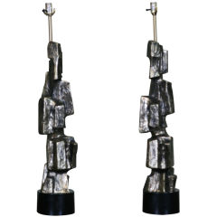 Pair of Sculptural Metal Brutalist Lamps