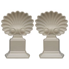 Pair of Neoclassical Shell Andirons in Baked Enamel 