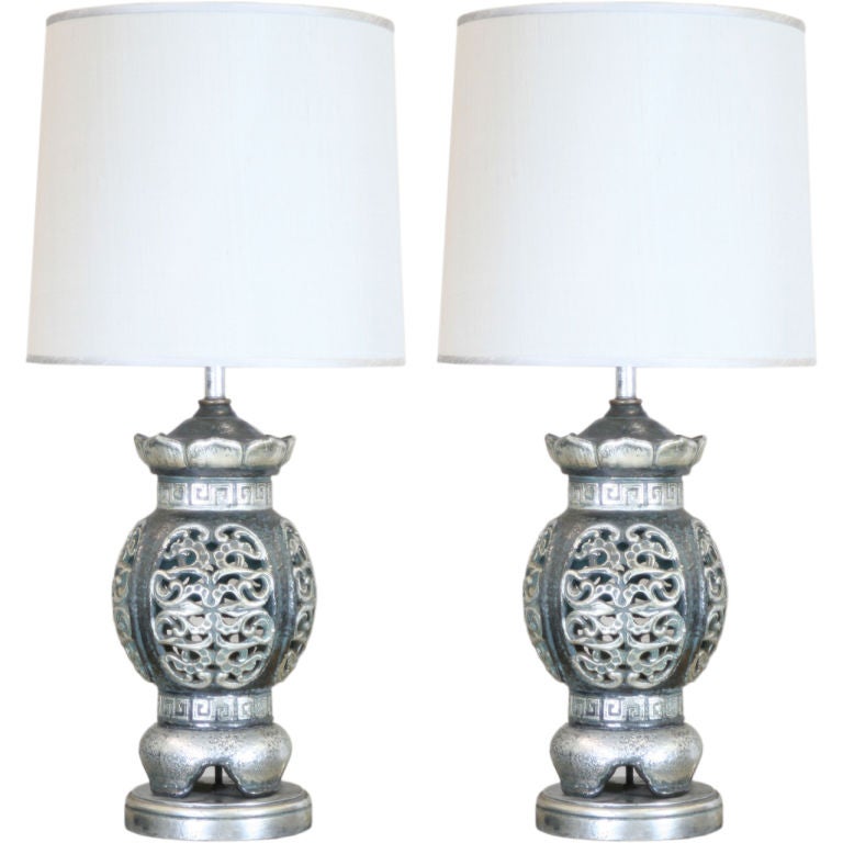 Large-Scale Pierced Ceramic Chinoiserie Lamps For Sale