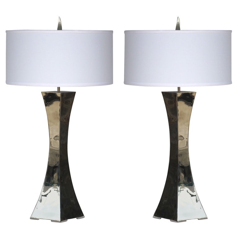 Pair of Forged Stainless Lamps by Curtis Norton For Sale