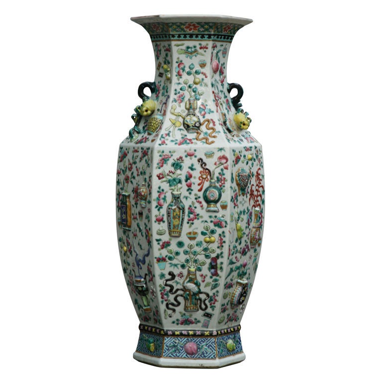 Large 19th Century Moulded Famille Rose Hexagonal Baluster Vase