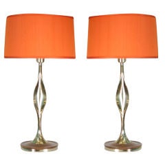High Polish Brass and Teak Lamps by Laurel