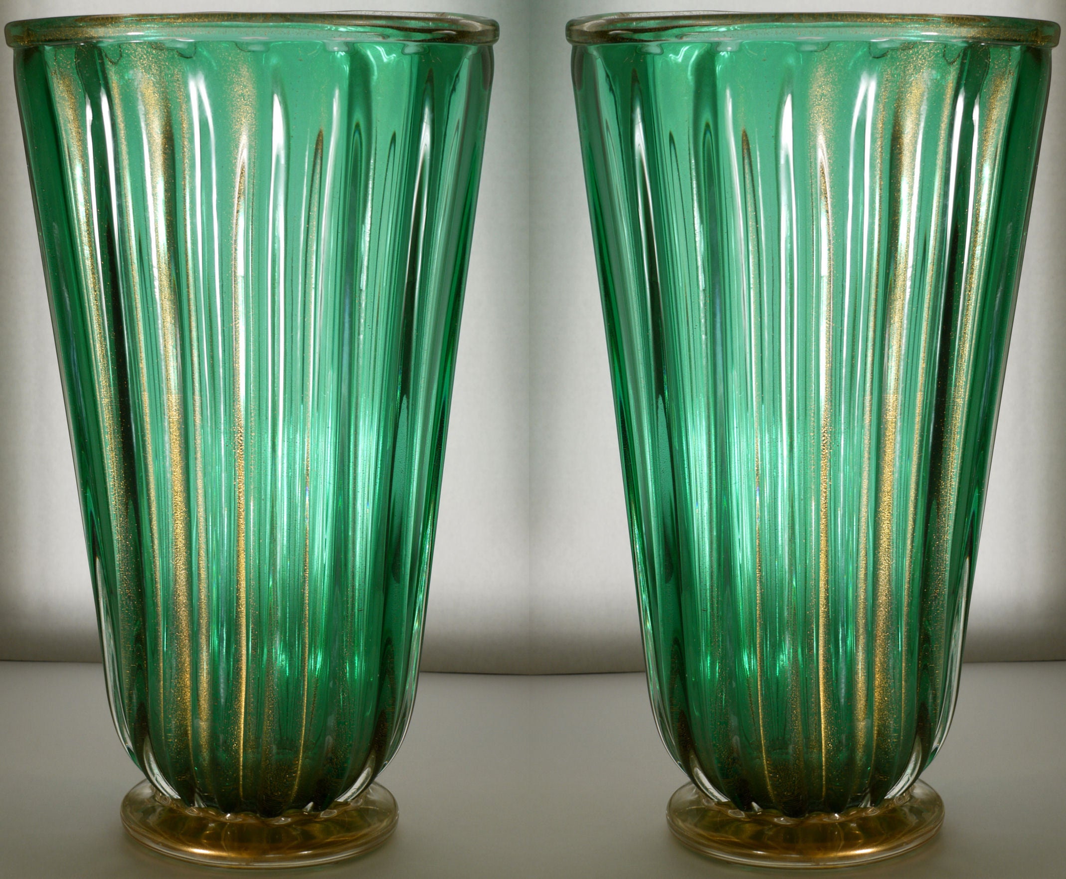 Large Pair of Green and Gold Murano Glass Vases 