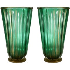 Large Pair of Green and Gold Murano Glass Vases 