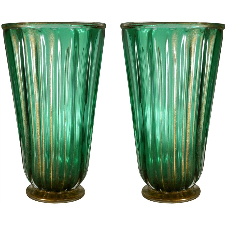 Large Pair of Green and Gold Murano Glass Vases at 1stdibs