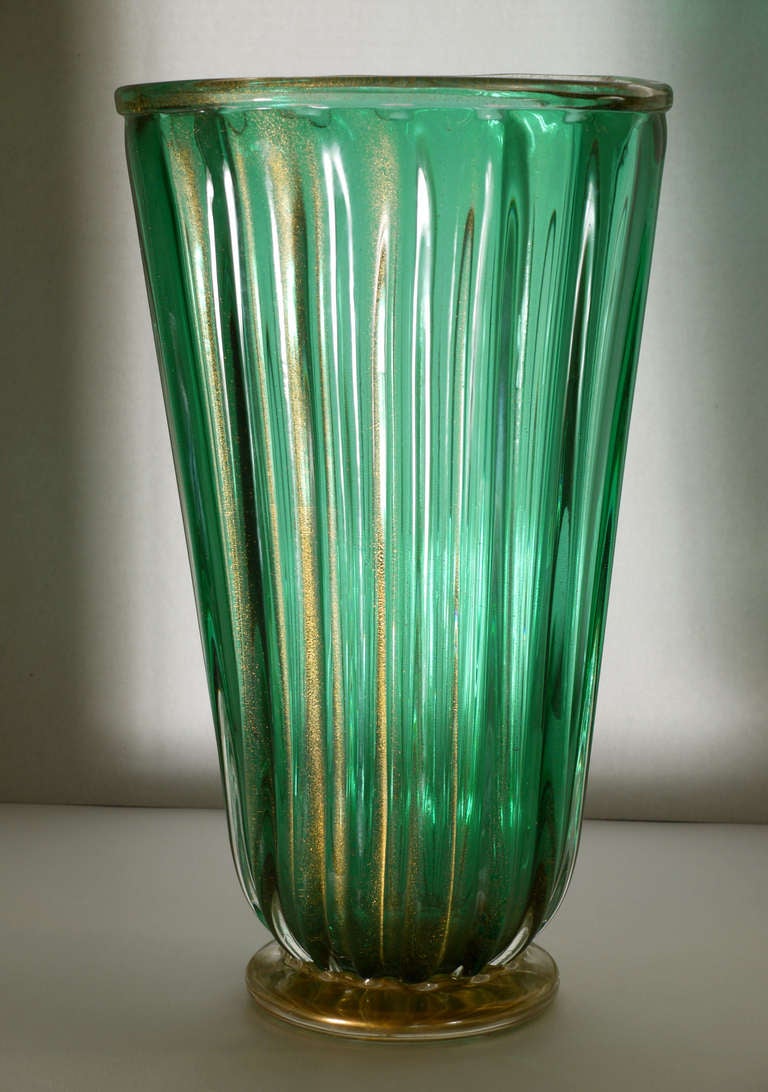 Italian Large Pair of Green and Gold Murano Glass Vases 