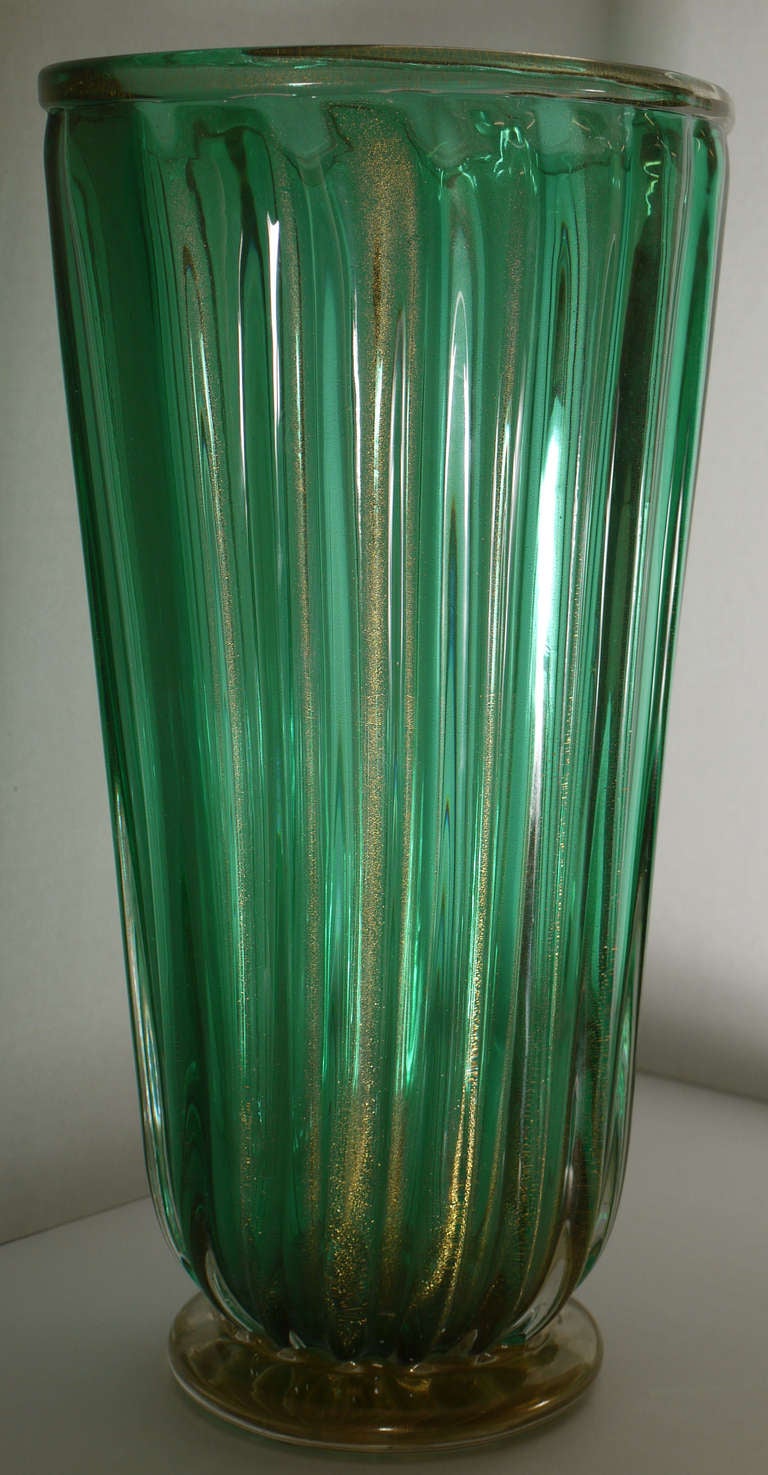 Contemporary Large Pair of Green and Gold Murano Glass Vases 