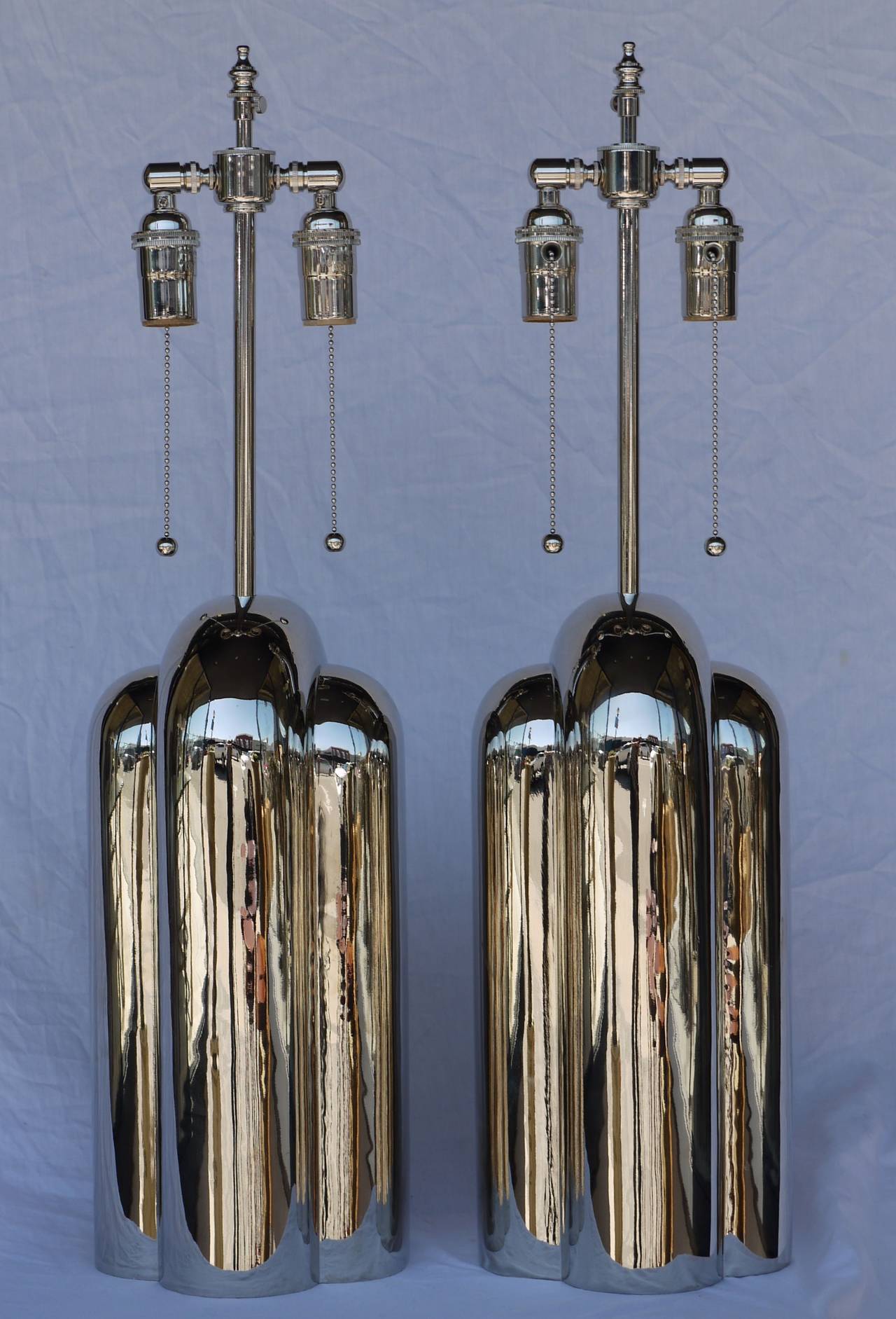 Absolutely stunning polished nickel deco revival lamps by Westwood Industries. Stunning classic shape and updated nickel hardware.