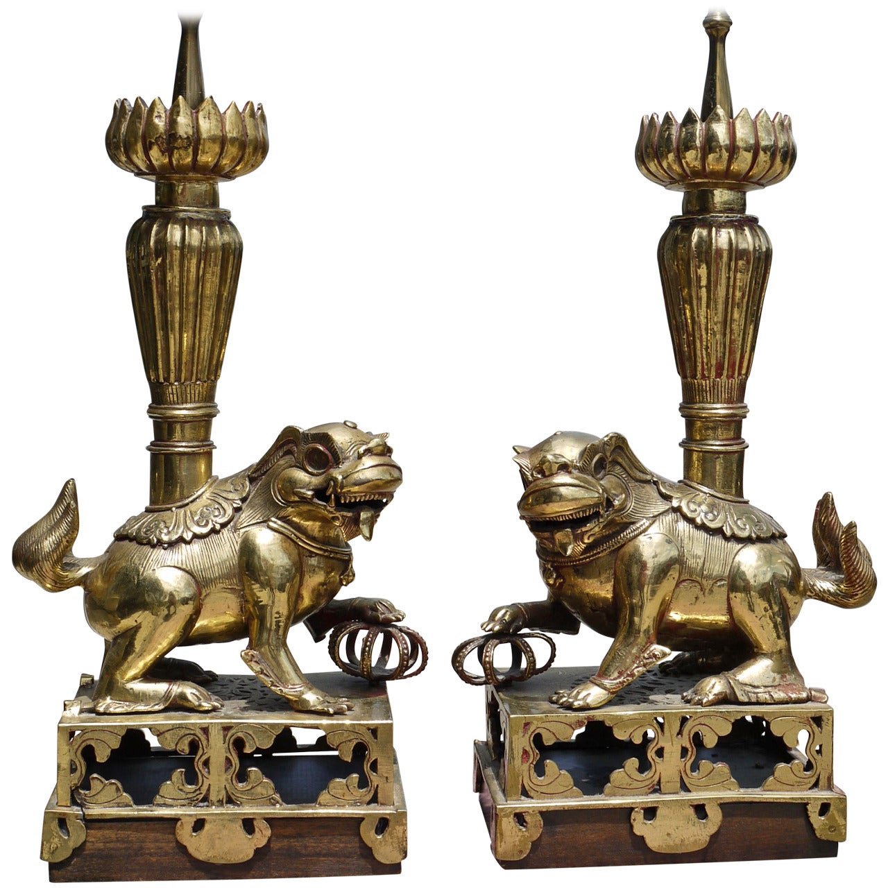 Pair of 19th Century Chinese Bronze Foo Dog Lamps