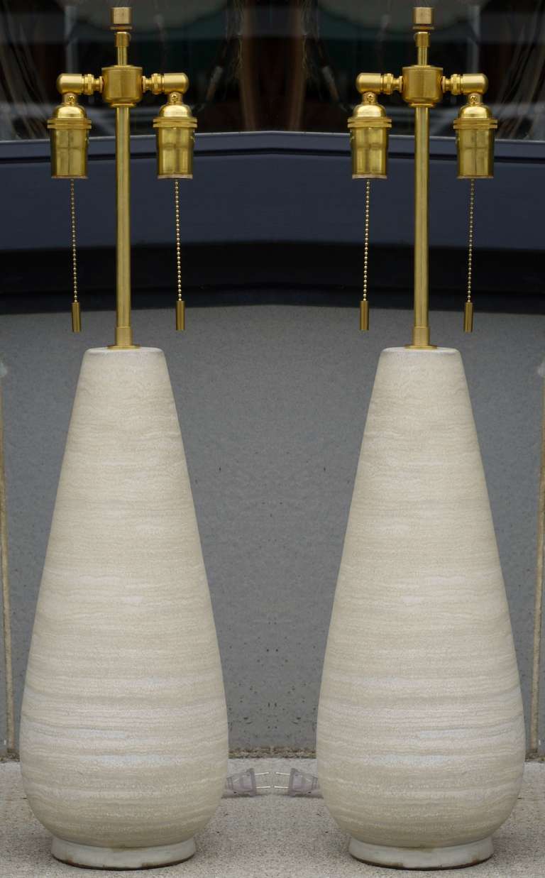 Pair of elegant drippy oyster shell glazed lamps by Design Technics, circa 1960.