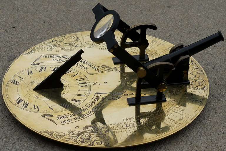 Rare noon cannon or otherwise known as a meridin cannon this one was made by Abercrombie and Fitch in the 1920s.  Wonderful engraved details and positionable cannon.  To prepare the cannon you align the sundial to north, and adjust the magnifying