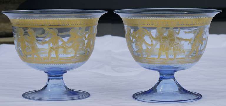 Museum quality pair of footed murano bowls by Salviati & Co with gold graffito and enamel work by Francesco Toso Borella.  This pair of footed bowls date circa 1890s, and are constructed using incredibly thin glass and it's amazing a pair even