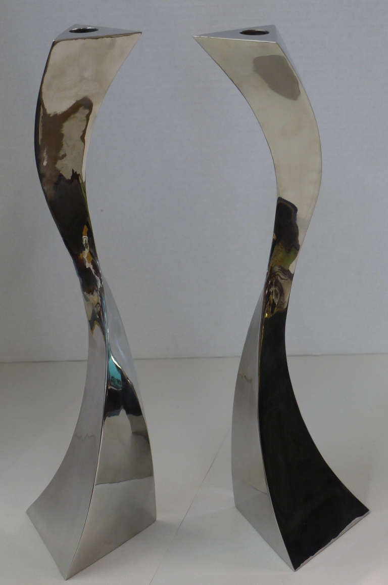 20th Century Pair of Forged Stainless Candlesticks by Curtis Norton For Sale