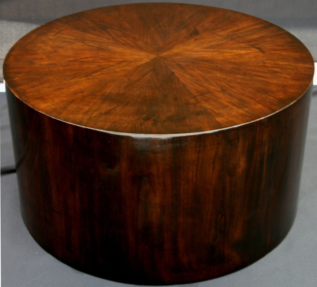 Gorgeous hand polished lacquer covering a ebonized mahogany drum coffee table or side table by Milo Baughman for Thayer Coggin.