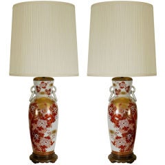 Pair of Mirrored Handpainted Japanese Lamps by Marbro