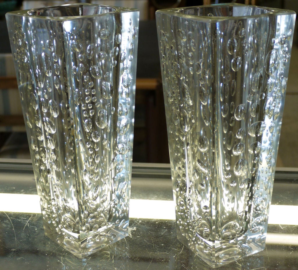 Pair of Modernist Austrian Cut Crystal Bubble Vases