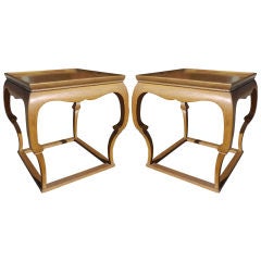 Sculptural Asian Tables with Lacquered Linen and Brass Tops