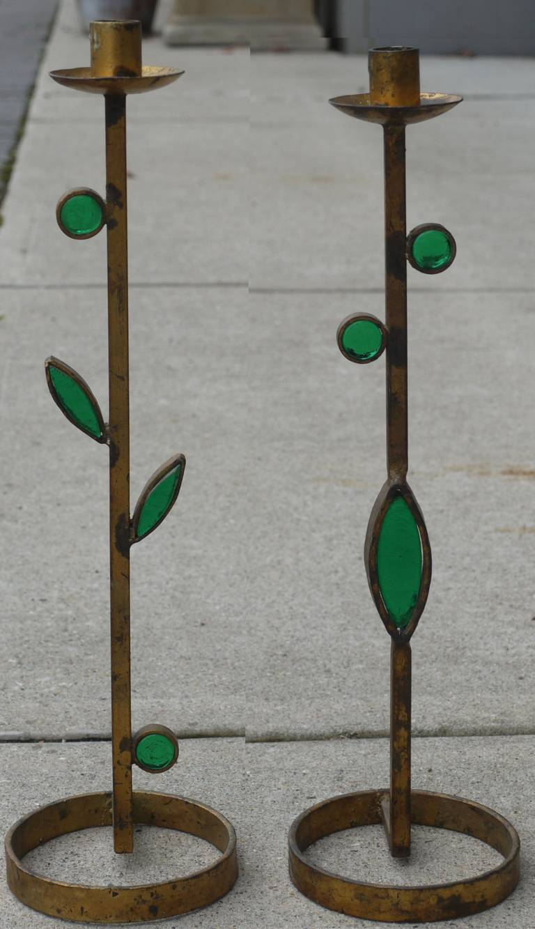 Spanish Gilt Iron and Cast Glass Candlesticks