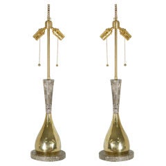 Pair of Italian Modernist Travertine and Brass Lamps