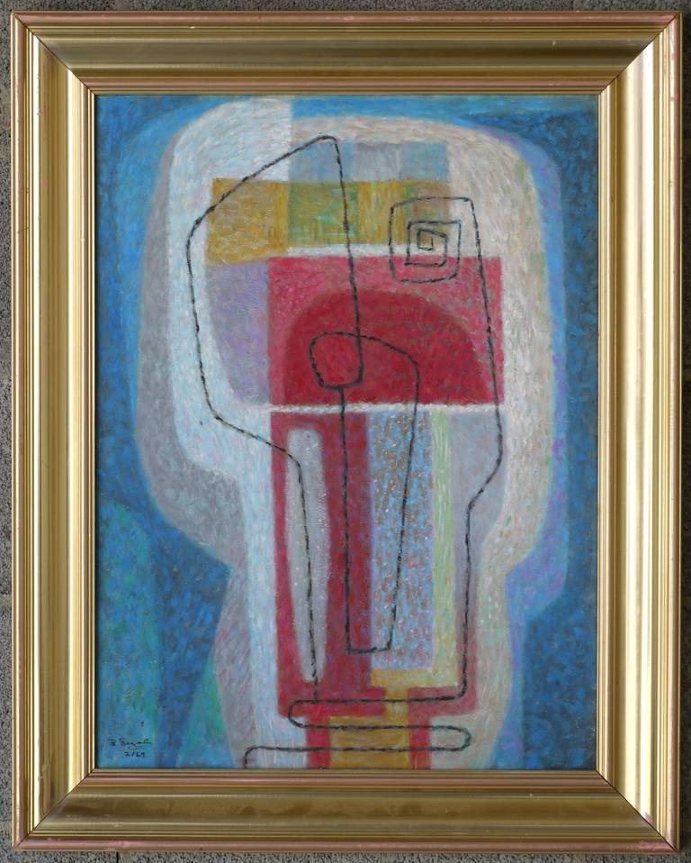 Wonderful abstract oil painting by listed artist Bernard Segal done in Feburary 1969.  Image size is 18