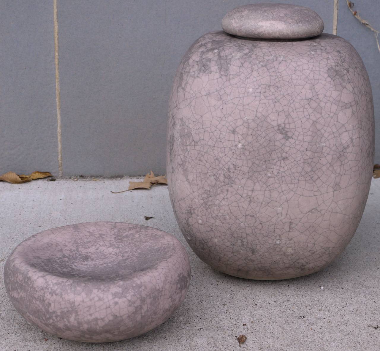 Such an amazing set of Studio Pottery with a stone like crackle matte glaze signed on base with illegible markings. Thinking it's probably Japanese in origin with the clay and glaze combination. Measurements are for vase bowl is 9