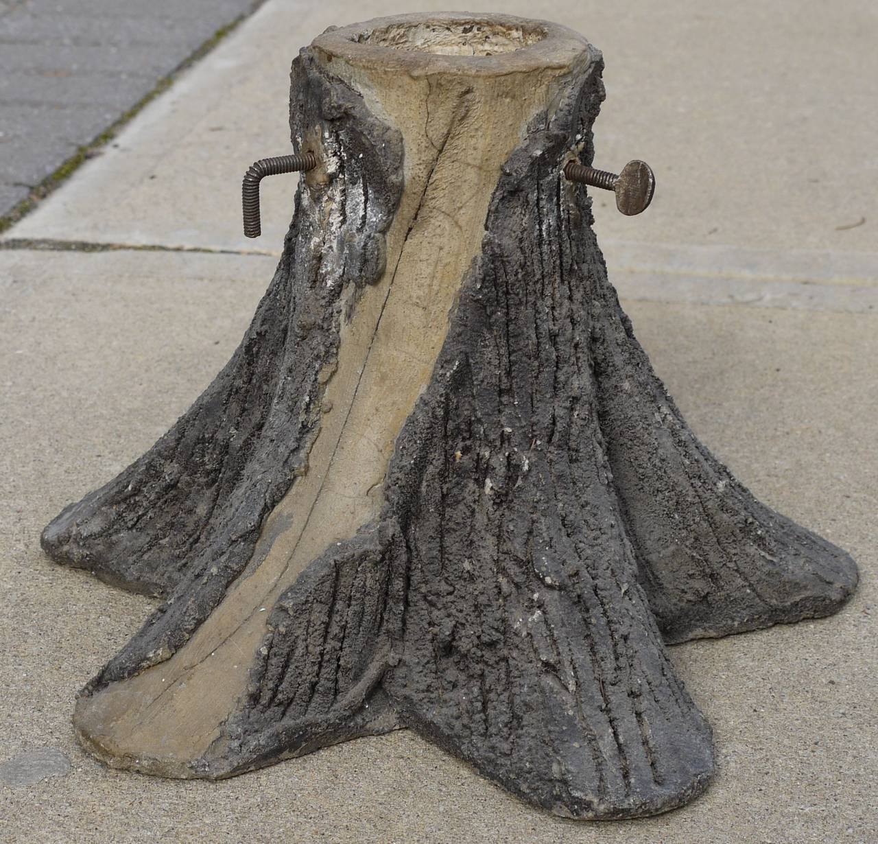 Vintage sculpted concrete faux bois Christmas tree stand probably from the 1940s. Great patina and so whimsical.