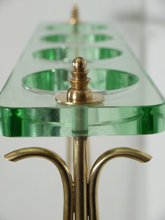 Sophisticated Italian glass umbrella stand in the style of fontana arte.  Featuring a removeable enameled zinc drip tray
